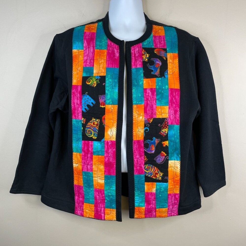 Handmade Art to Wear Cat Animal Quilted Fleece Jacket XLarge Open Cardigan Cozy
